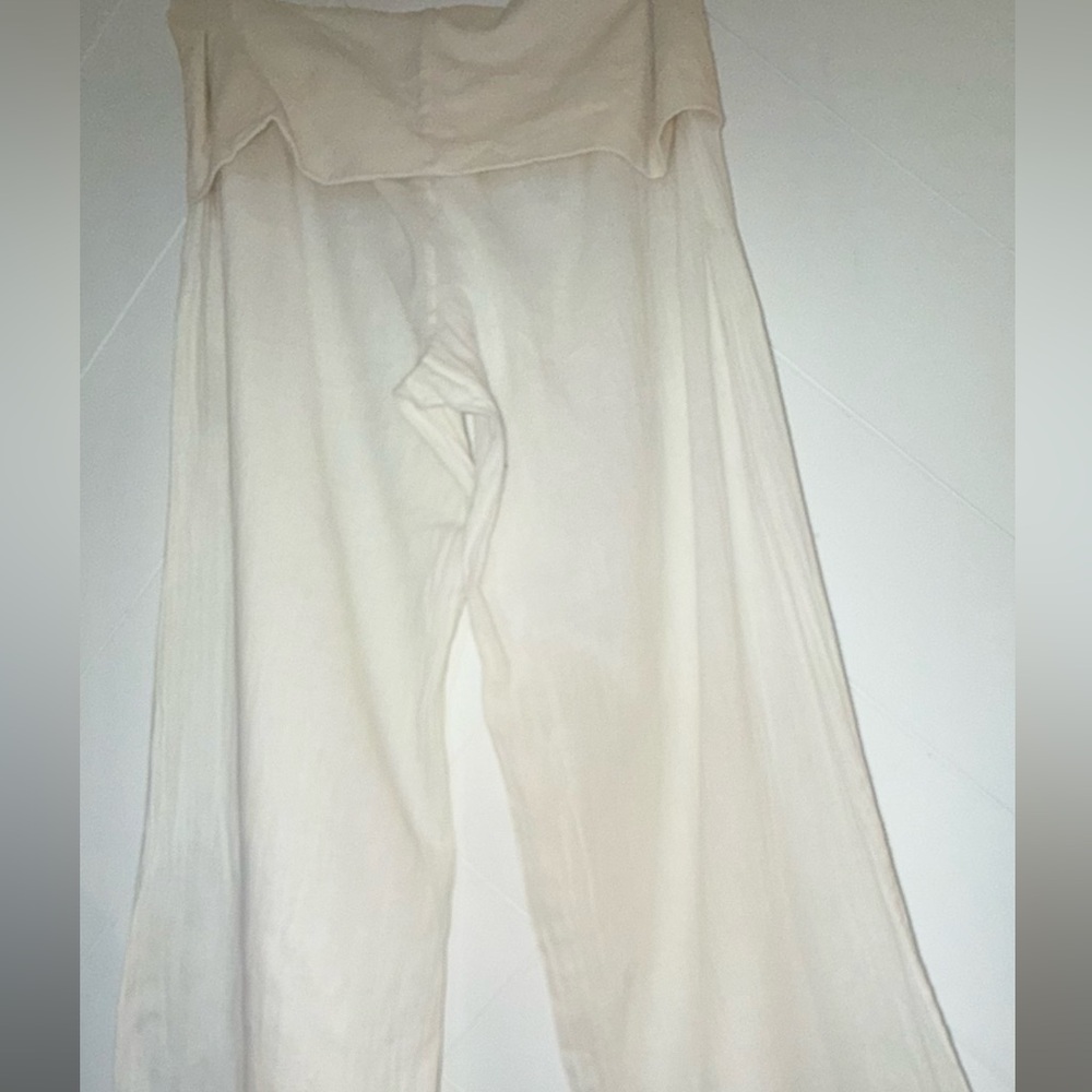 Elan Beach linen cotton gauze flowy fold over jersey modal Pants medium cream - Picture 9 of 12